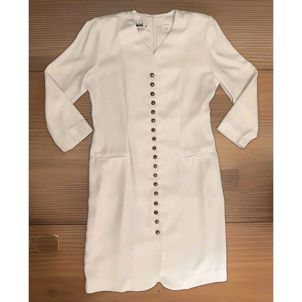 Vintage Leslie Fay Dress Size 12 Petites Ivory Zip Back Long Sleeve